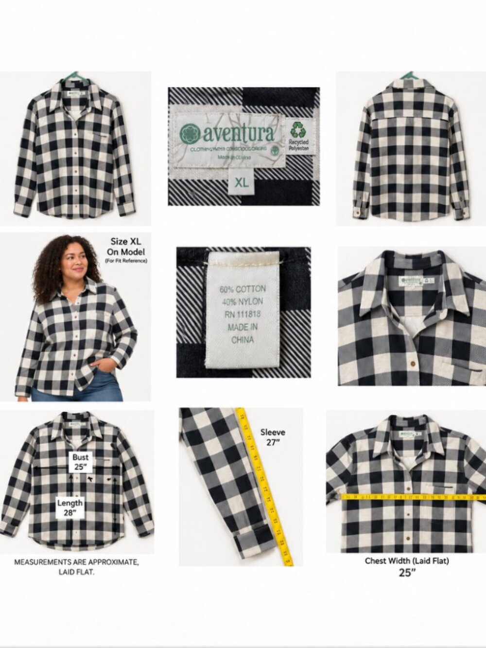 Aventura Black White Buffalo Check Plaid Flannel Shirt Size XL Long Sleeve